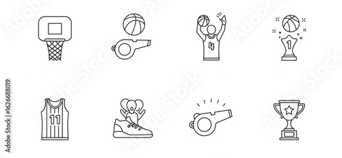 Set of black and white line art illustrations depicting basketball themed sports icons