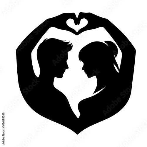 Black and white silhouette vector of a romantic couple on white background  