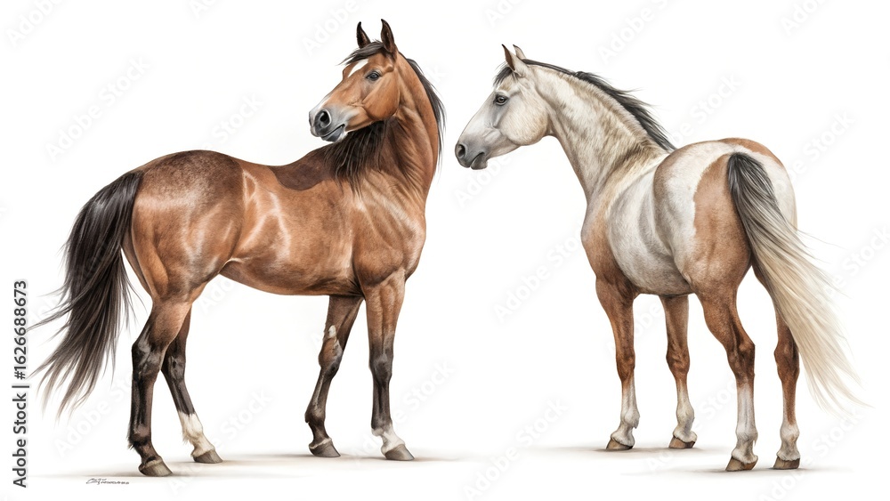 Obraz premium Two American quarter horse, direct front and back view, isolated.