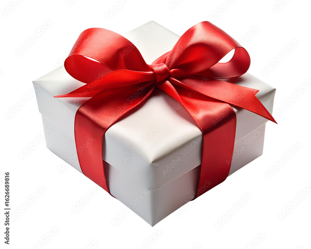 Obraz premium Photo of a white gift box with a vibrant red ribbon and bow, elegantly wrapped and tied, isolated on a clean transparent background, symbolizing celebration and special occasions