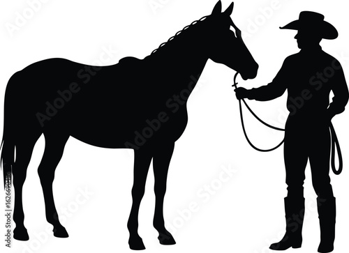  silhouette of a cowboy standing beside his horse holding reins in calm posture