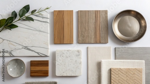 Serene Minimalist Interior Design Mood Board: Marble, Wood, and Neutral Textures.