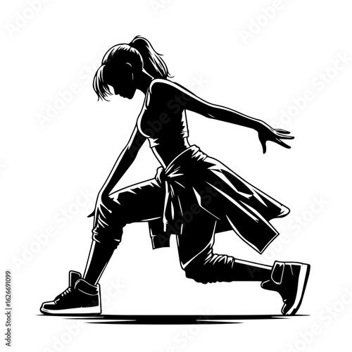 Black and white silhouette vector of ribbon dance  on white background
