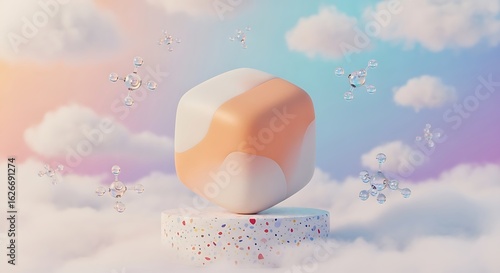 3D pastel illustration of a sculptural vitamin C powder container in cube form, pastel orange and off-white tones, on terrazzo pedestal, set in soft cloudy scene with floating molecular structure.