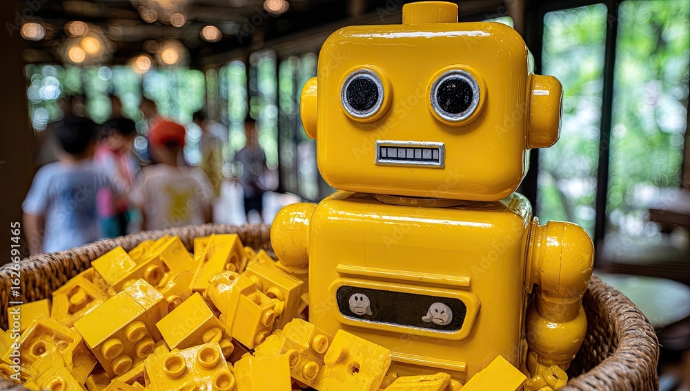 Fototapeta premium Yellow robot toy surrounded by yellow building blocks