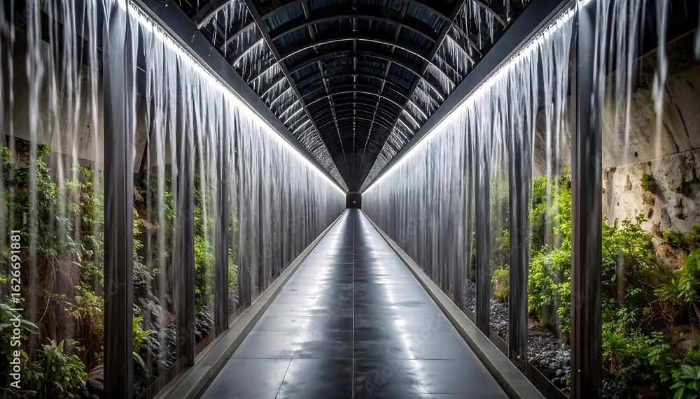 Fototapeta premium Walking Through Waterfalls Pathway with Lush Greenery
