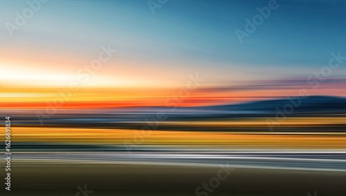 Blurred sunset over a landscape.  Motion-blurred colors blend into horizon
