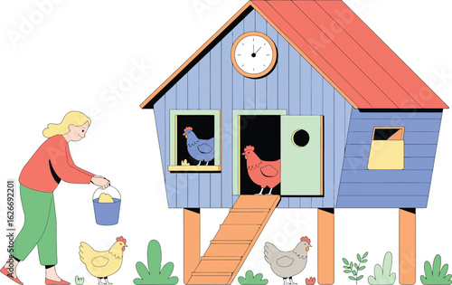 Colorful chicken coop with woman watering hen isolated on white. Hand drawn vector illustration. Bright, organic design for local farm, urban homesteading, fresh food, and countryside life.

