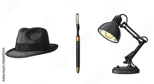 Illustration of a fedora hat, cigarette holder, and adjustable desk lamp set