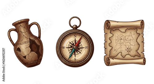 Illustration of a broken vase, a compass, and a rolled up map on white background