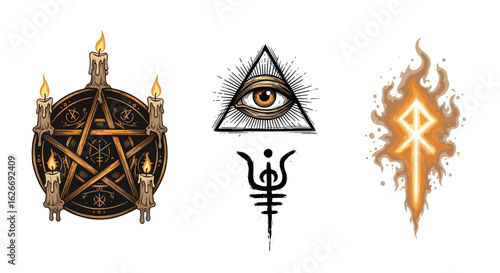 Illustration of occult symbols including pentagram eye and flaming rune symbol