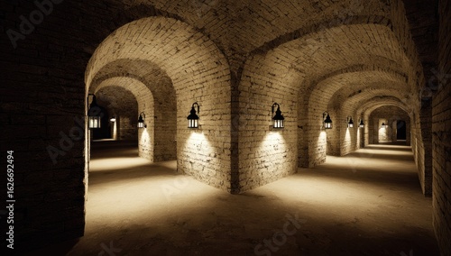 Ancient stone archways, lit by lanterns, in a subterranean passage
