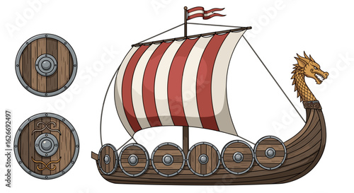 Illustration of a viking ship with shields and a striped sail on white background