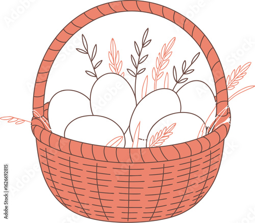 Easter wicker basket. Straw basket with painted decorative eggs, gift ribbon bow, colorful egg. Vector illustration for posters, cards, invitations 