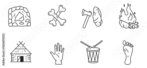 Simple outlined prehistoric era icon set depicting stone age elements and symbols