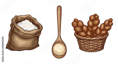 Still life of flour sack wooden spoon and basket of braided bread loaves