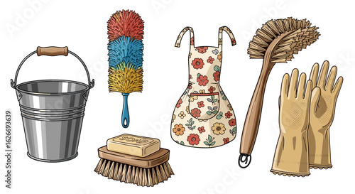 Collection of cleaning supplies including bucket apron and various brushes