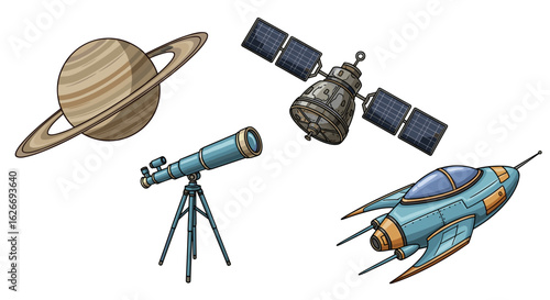 Illustration of saturn planet telescope satellite and a rocket ship design
