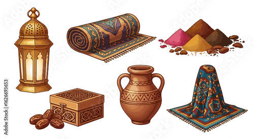 Still life of middle eastern objects including a lantern and rolled rug