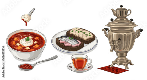 A russian feast featuring borscht sandwiches tea and a traditional samovar