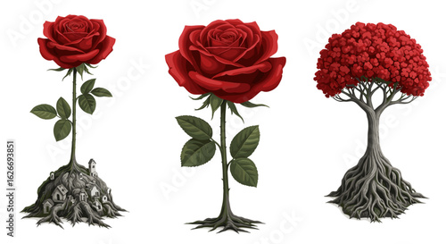 Three surreal botanical illustrations featuring roses and a tree with roots