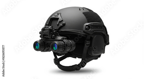 Black tactical helmet with night vision goggles isolated on white background