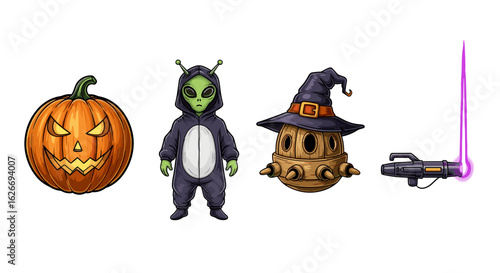 Halloween themed image featuring a pumpkin alien witch and a laser gun