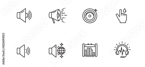 Vector icons representing audio, sound, measurement, medicine, and audio visual concepts.