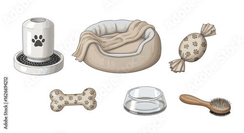 Illustration of various pet accessories including a bed and a water dispenser