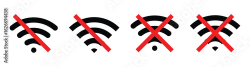 No Wi-Fi and Wireless Signal Icons – No Internet Access, Prohibited Connection, and Network Error Vector Set