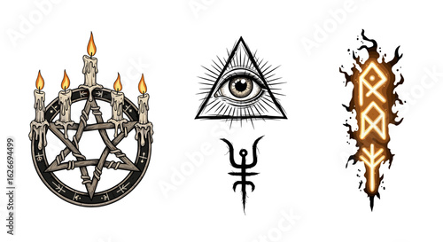 Various occult symbols including pentagram candles and all seeing eye symbol