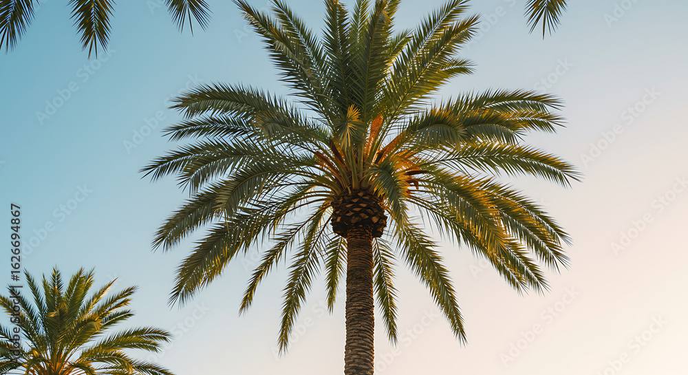 Fototapeta premium Lush green palm tree fronds against a beautiful clear blue and golden hour sky.