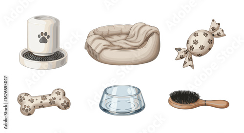 Various pet care items including a feeder bed toys bowl and grooming brush set