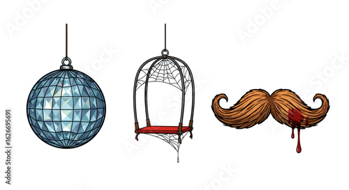 Illustration of a disco ball, a swing with spiderwebs and a mustache