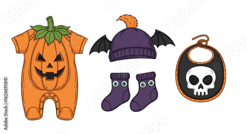 Halloween baby outfit set featuring pumpkin onesie bat hat and skull bib set