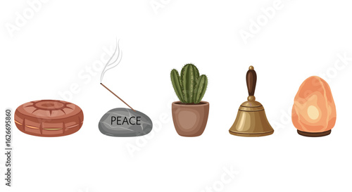 Still life of meditation objects including incense cactus bell and salt lamp
