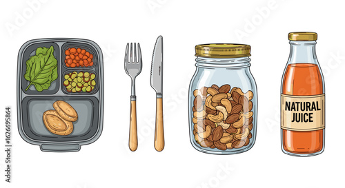 A balanced lunchbox with salad, beans, nuts, juice, fork and knife on display