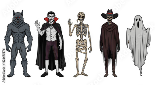 Five halloween monsters including a werewolf vampire mummy cowboy and ghost
