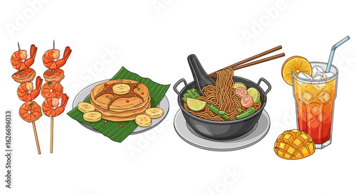 Illustration of shrimp skewers pancakes noodles and a tropical cocktail drink