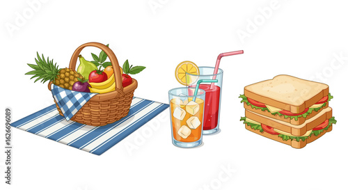 A picnic scene featuring a basket of fruit, drinks, and stacked sandwiches