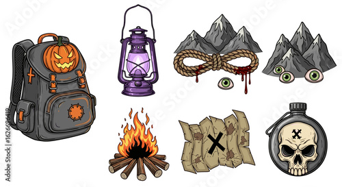 Illustration of camping gear including a backpack lantern and other items