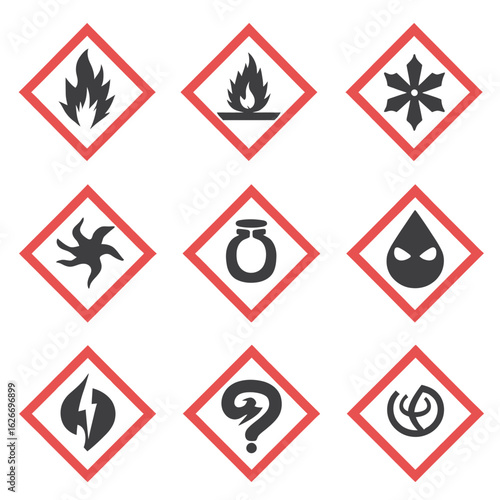 Nine hazard symbols displayed in a 3x3 grid, each in a red diamond frame, representing various dangers like flammability, toxicity, and health hazards.
