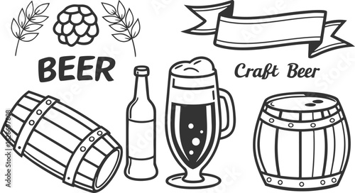 Beer sketch set. Flat vector drink is sitting in glass with ice, citrus slices, garnishes on transparent background. a detailed vintage-style vector illustration of assorted cocktail and drink glasses