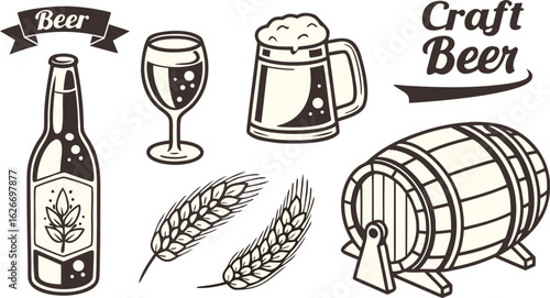 Beer sketch set. Flat vector drink is sitting in glass with ice, citrus slices, garnishes on transparent background. a detailed vintage-style vector illustration of assorted cocktail and drink glasses