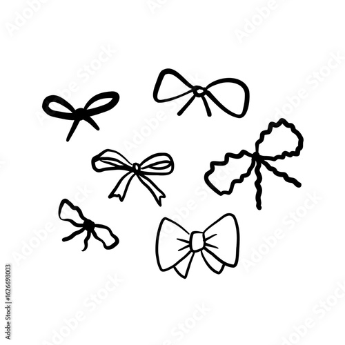 Ribbon Cute Girl Ornament Element Black and White Line art Hand Drawn Sketch Style Bundle Set