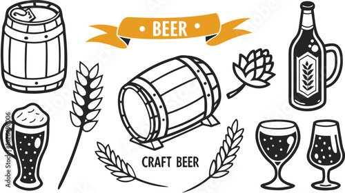 Beer sketch set. Flat vector drink is sitting in glass with ice, citrus slices, garnishes on transparent background. a detailed vintage-style vector illustration of assorted cocktail and drink glasses