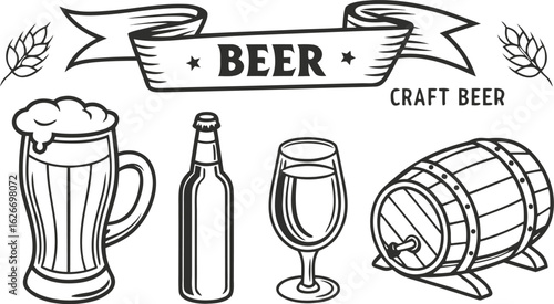 Beer sketch set. Flat vector drink is sitting in glass with ice, citrus slices, garnishes on transparent background. a detailed vintage-style vector illustration of assorted cocktail and drink glasses