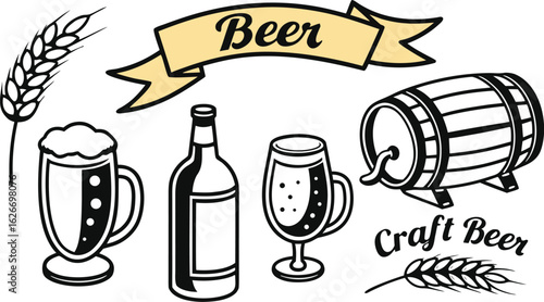 Beer sketch set. Flat vector drink is sitting in glass with ice, citrus slices, garnishes on transparent background. a detailed vintage-style vector illustration of assorted cocktail and drink glasses