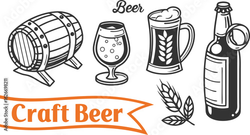 Beer sketch set. Flat vector drink is sitting in glass with ice, citrus slices, garnishes on transparent background. a detailed vintage-style vector illustration of assorted cocktail and drink glasses