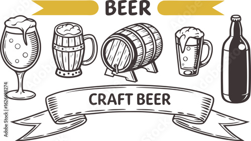 Beer sketch set. Flat vector drink is sitting in glass with ice, citrus slices, garnishes on transparent background. a detailed vintage-style vector illustration of assorted cocktail and drink glasses